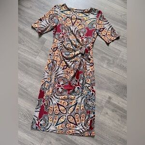 Shelby & Palmer gold foil paisley faux wrap midi dress. Size 8.